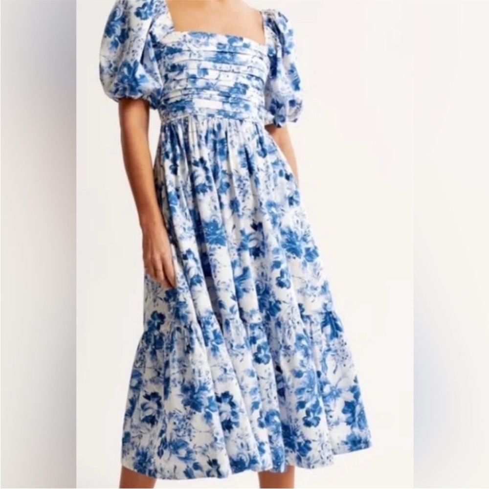 Abercrombie & Fitch The A&F Emerson Poplin Puff Sleeve Midi Dress Blue Floral XS
